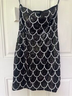 As U Wish Juniors Small Black Sequin Strapless Mini Dress White Scallop Detail